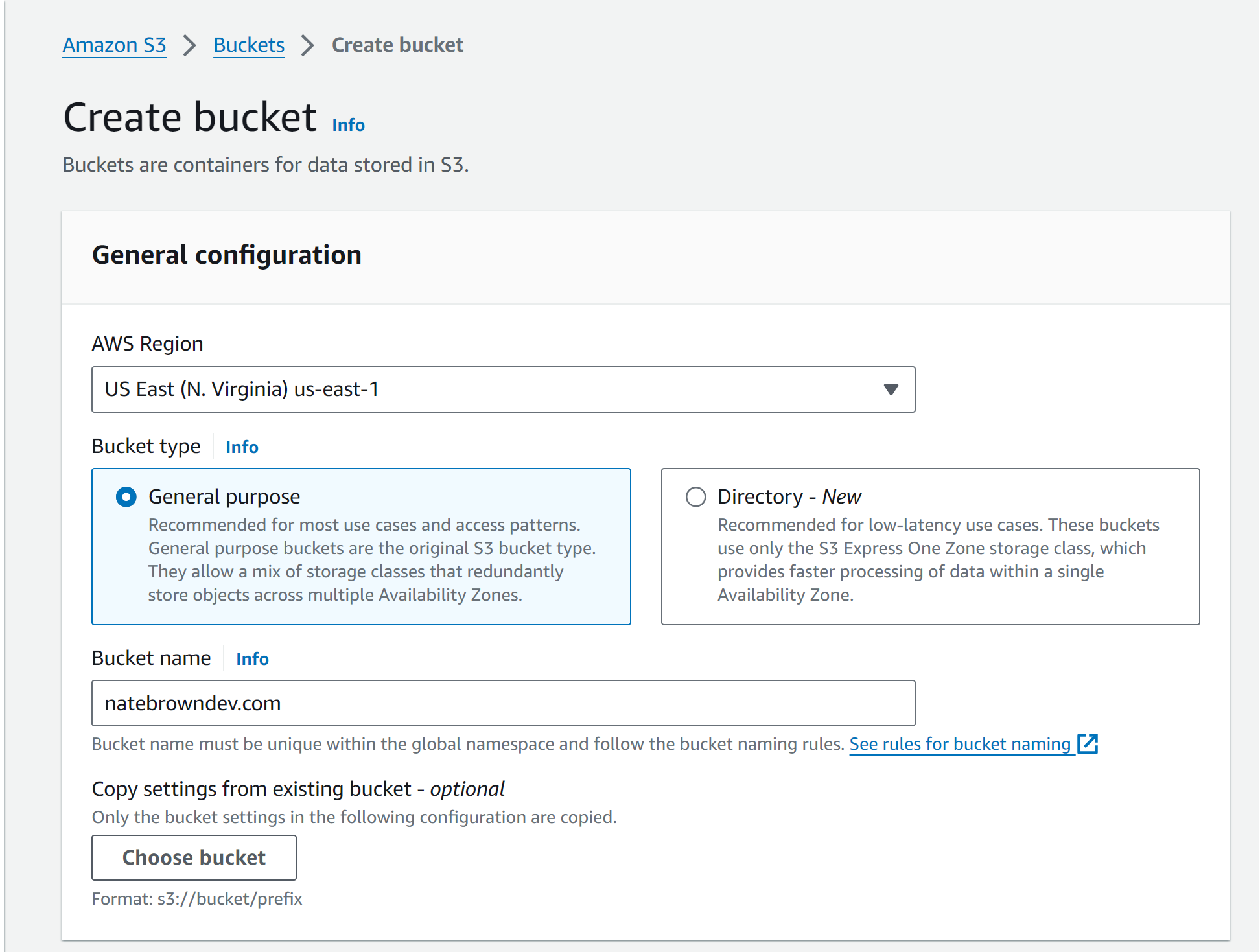 picture of the S3 create bucket view within AWS